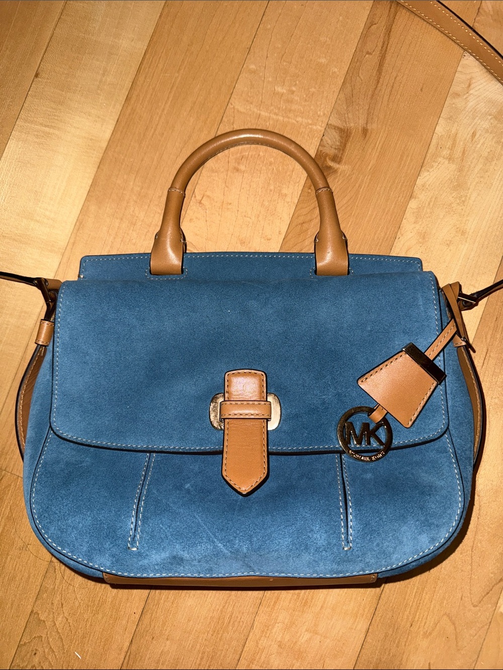 Michael Kors Blue Suede Crossbody Satchel with Tan Trim